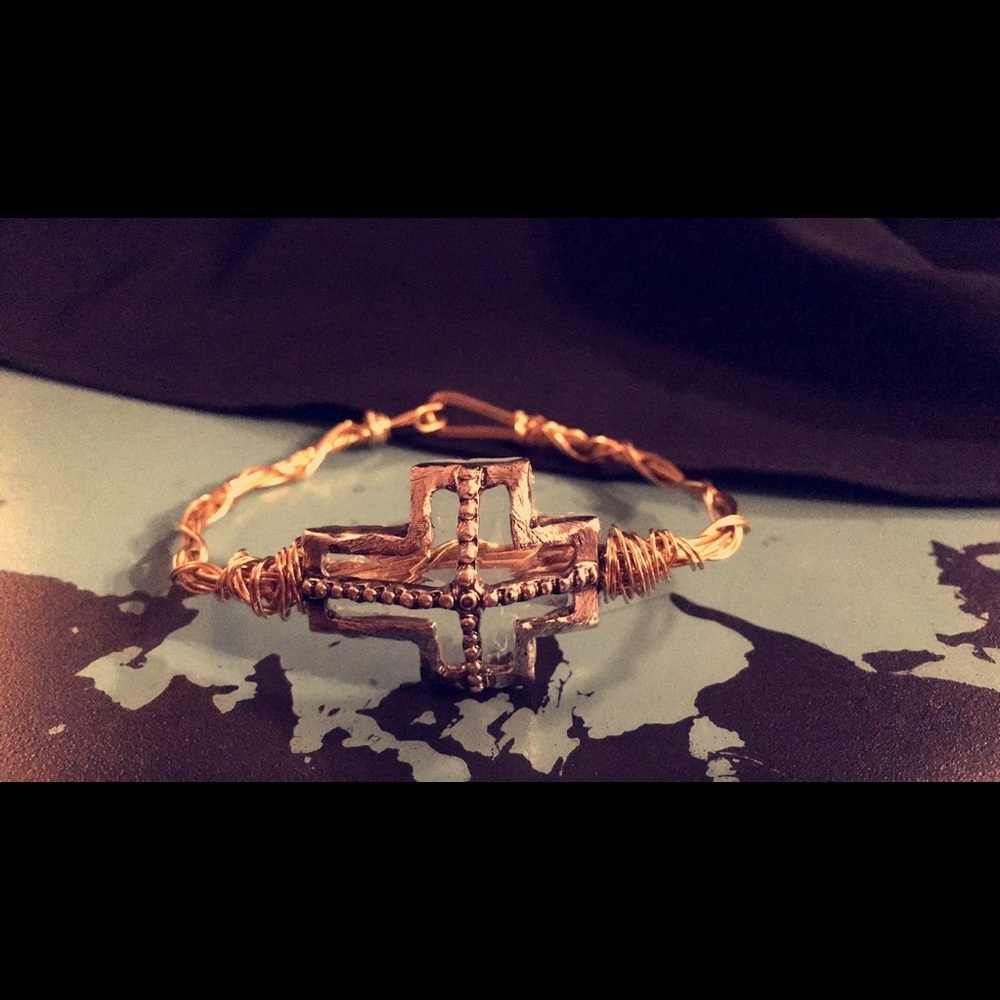 Gold and silver wire cross bracelet